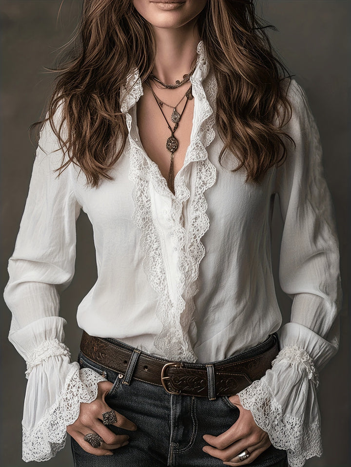 Damen elegante Bluse mit Rüschendetails und Spitzenbesatz Echo Archiv