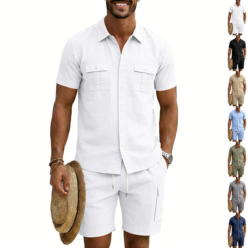 Herren nan sommerliches Freizeitset aus Baumwoll-Leinenmix mit Kurzarm-Hemd und Cargo-Shorts Echo Archiv