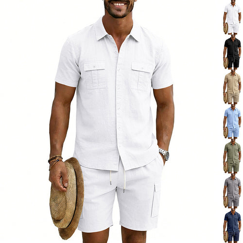 Herren nan sommerliches Freizeitset aus Baumwoll-Leinenmix mit Kurzarm-Hemd und Cargo-Shorts Echo Archiv