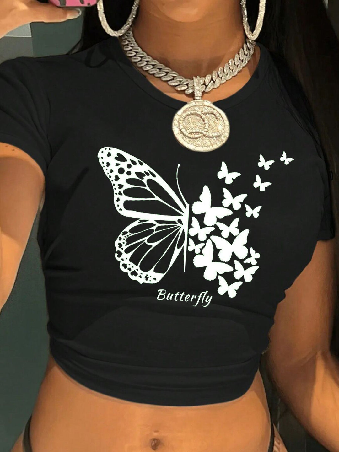 Damen figurbetontes Kurzarm-T-Shirt mit verspieltem Aufdruck Echo Archiv