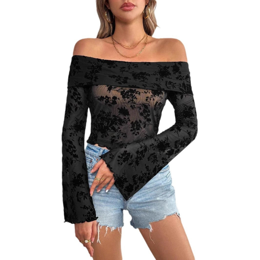 Damen nan schulterfreies Netz-Top mit floraler Samtflock-Applikation, bauchfreiem verkürztem Schnitt und Trompetenärmeln Echo Archiv