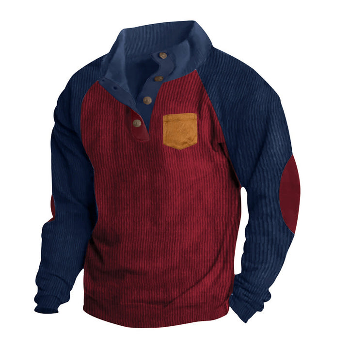 Herren Geripptes Henley‑Pullover mit Raglanärmeln, Ellenbogen‑Patches & Brusttasche – Cavarno