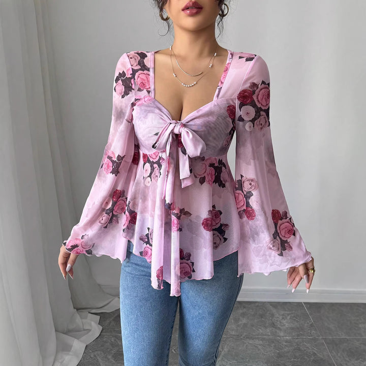 Damen Transparente Chiffon-Babydoll-Bluse mit Knotenfront und floralem Allover-Print Echo Archiv