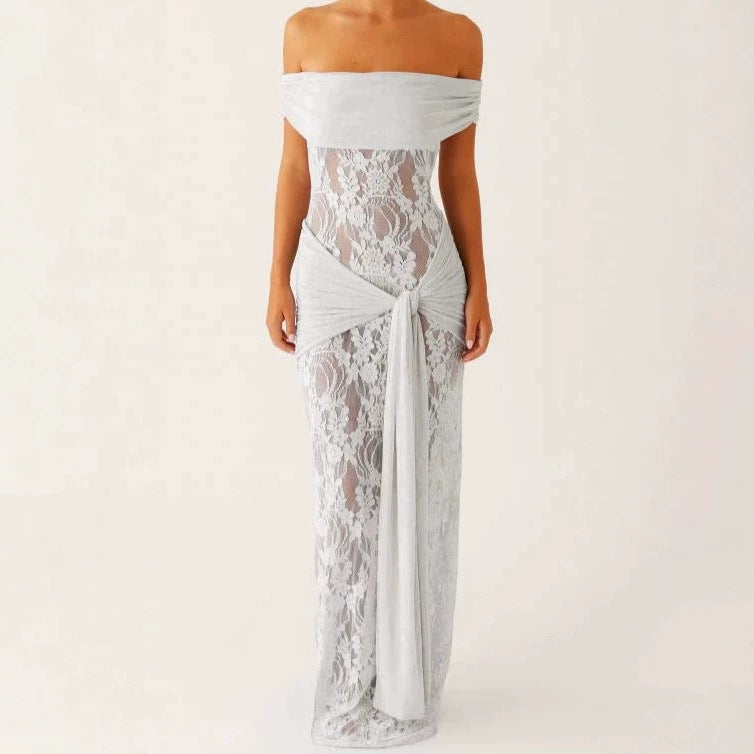 Damen Elegant drapiertes Spitzenkleid mit off-shoulder Design Echo Archiv