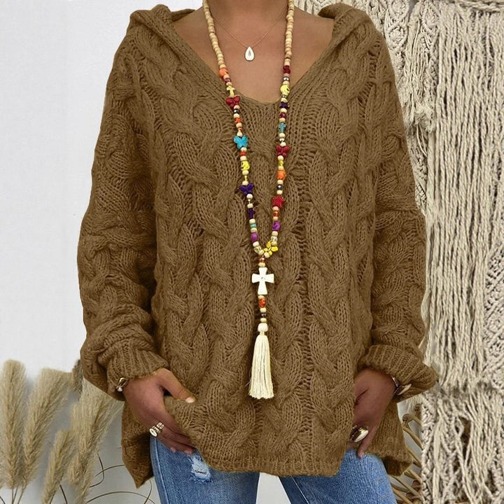 Damen Oversized Zopfmuster-Strickpullover mit Kapuze und lässigem V‑Ausschnitt Echo Archiv