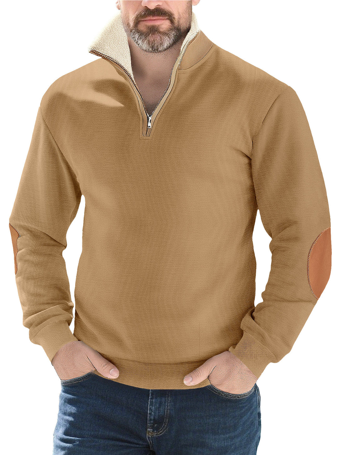 Herren nan Strukturstrick-Halbzipppullover mit wärmendem Sherpa-Kragen und Velours-Ellenbogenapplikation Echo Archiv