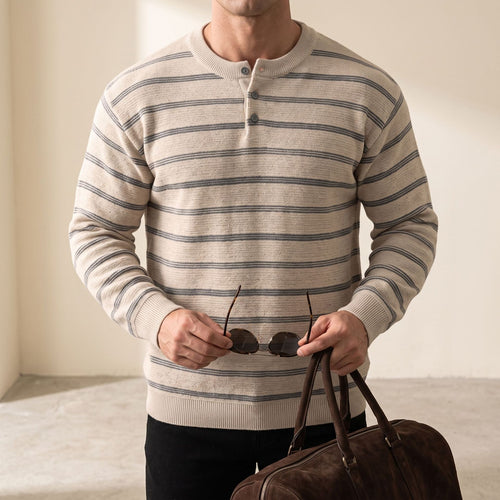 Herren Gestreifter Feinstrick-Henley-Pullover mit Knopfleiste und Rippbündchen Echo Archiv