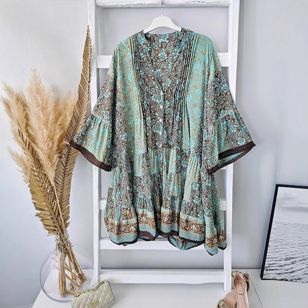 Damen nan luftiges Boho-Stufenkleid mit V-Ausschnitt weiten Fledermausärmeln und Spitzenbordüre Echo Archiv