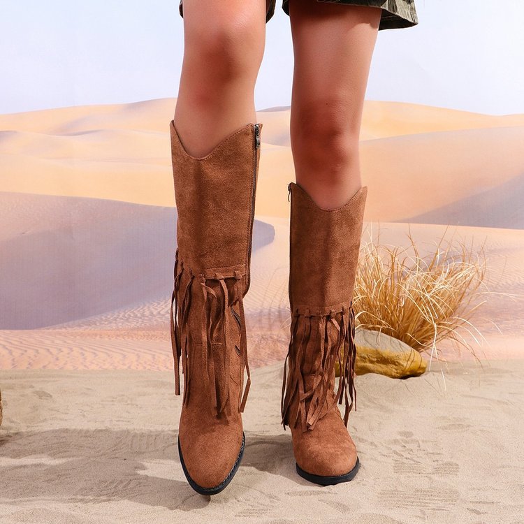 Damen Fransen-Cowboy-Stiefel aus Veloursleder mit spitzer Zehenkappe und seitlichem Reißverschluss Echo Archiv