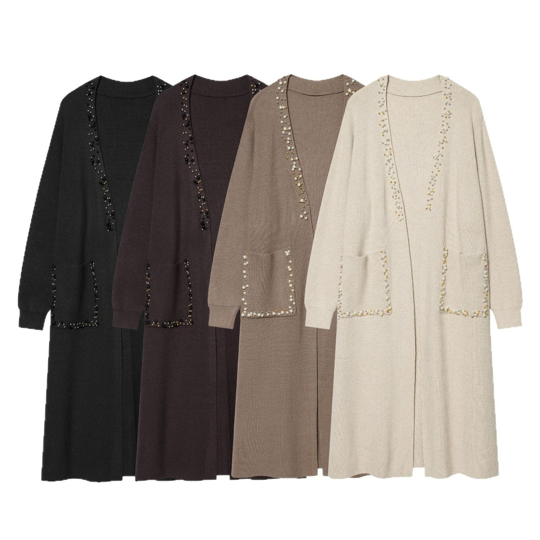 Damen langer Strickcardigan mit Perlenbesatz und aufgesetzten Taschen Echo Archiv