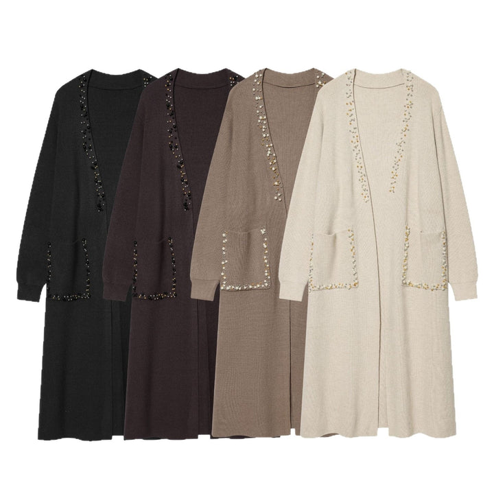 Damen langer Strickcardigan mit Perlenbesatz und aufgesetzten Taschen Echo Archiv