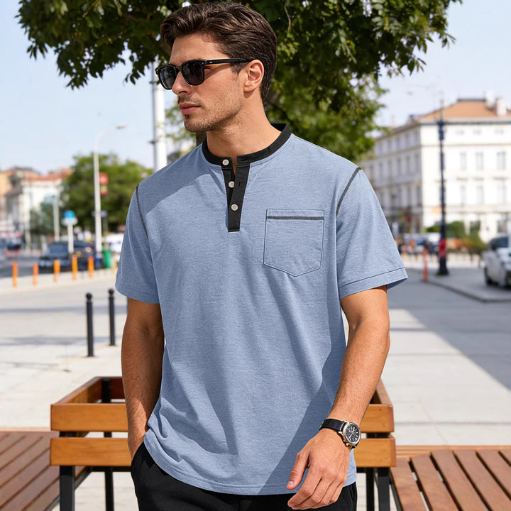 Herren nan legeres Kurzarm-Bandkragenshirt mit Knopfleiste Brusttasche und Flatlocknähten Echo Archiv