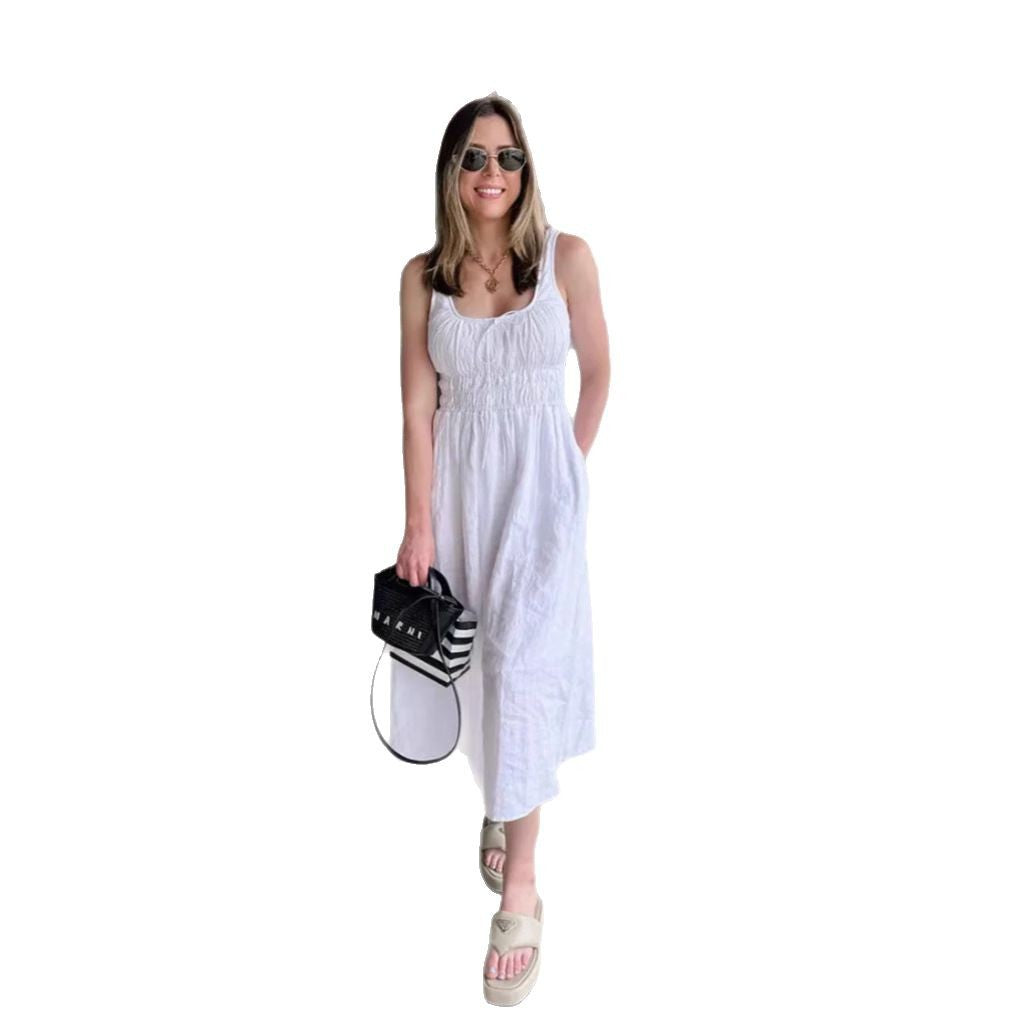 Damen nan midilanges Leinenoptik-Kleid mit Smokoberteil, elastischer Taillenpasse und breiten Trägern Echo Archiv