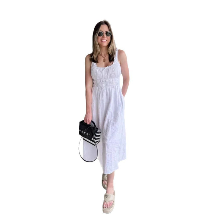 Damen nan midilanges Leinenoptik-Kleid mit Smokoberteil, elastischer Taillenpasse und breiten Trägern Echo Archiv