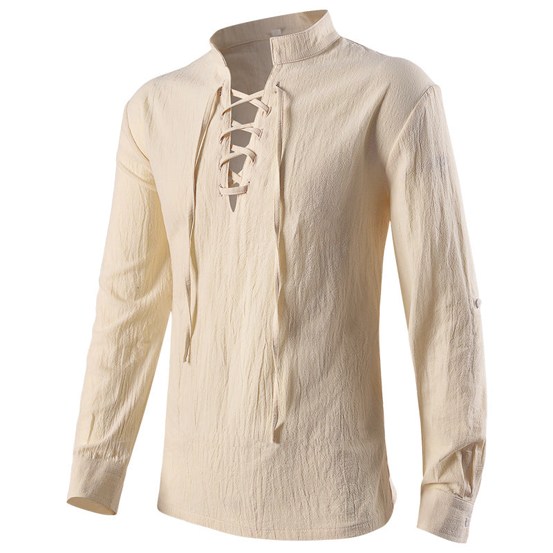 Herren lässiges Kurzarmshirt mit geschnürter V-Kehle, kurzem Stehkragen und weichem Baumwollmix – Marzano