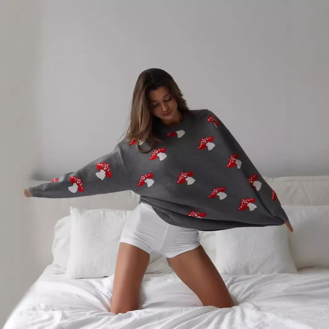 Damen weiter Strickpullover mit Pilzmotiv Rundhals Rippbündchen – Mavelle