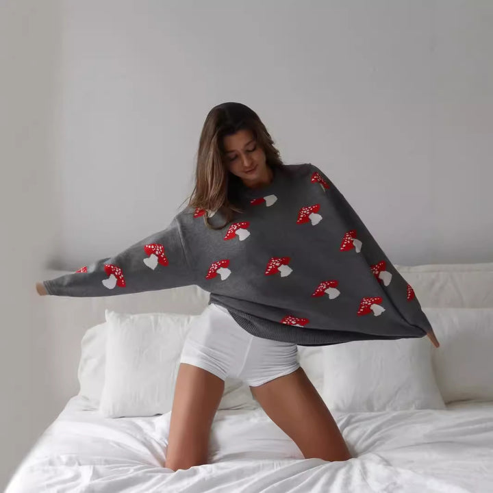Damen weiter Strickpullover mit Pilzmotiv Rundhals Rippbündchen – Mavelle