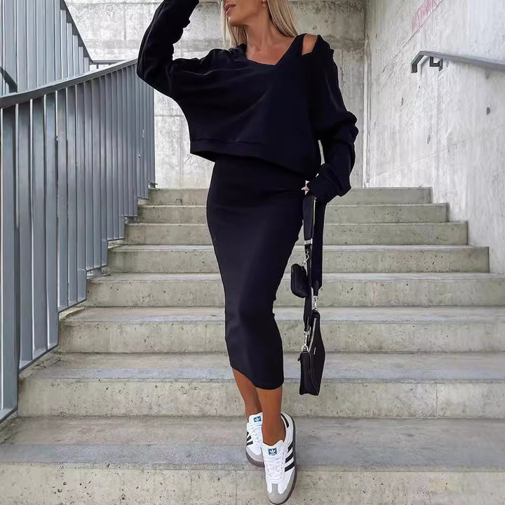 Damen Casual-Set Cropped-Sweatshirt mit Cut-Out-Trägern und High‑Waist Midirock aus Stretch-Fleece Echoarchiv