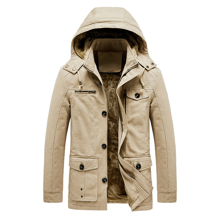 Herren gefütterter Kapuzenparka im Canvas‑Look mit Teddyfutter und Multifunktions‑Taschen Echoarchiv