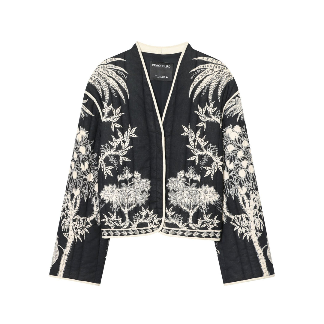Damen kimonoartige gesteppte Jacke mit floraler Stickerei und kontrastpaspel – Célinea