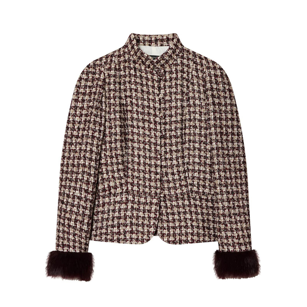 Damen Kurze Bouclé-Tweed-Jacke mit Stehkragen und Kunstfellmanschetten Echoarchiv