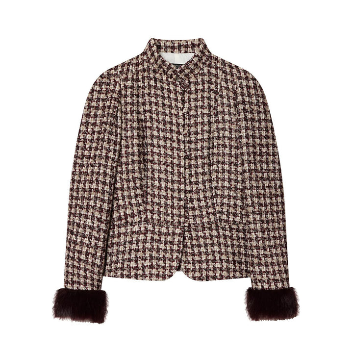 Damen Kurze Bouclé-Tweed-Jacke mit Stehkragen und Kunstfellmanschetten Echoarchiv