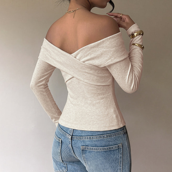 Damen Schulterfreies Wickel-Longsleeve mit Carmenkragen und taillierter Passform – Avérine