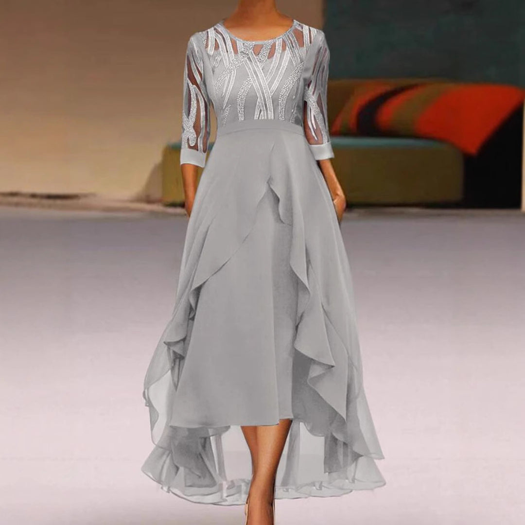 Damen nan edles Chiffon-Abendkleid mit besticktem Tülloberteil, Dreiviertelärmeln und asymmetrischem Stufen-Saum Echo Archiv