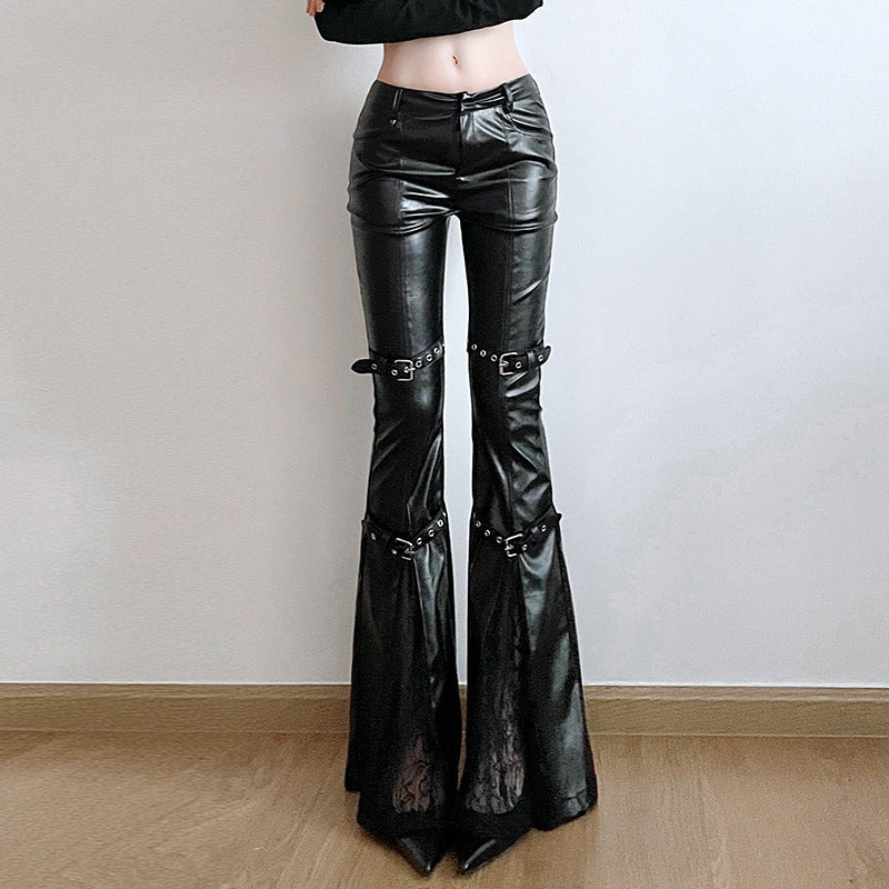 Damen Modische Kunstleder Flared Hose mit verstellbarem Bund Echo Archiv