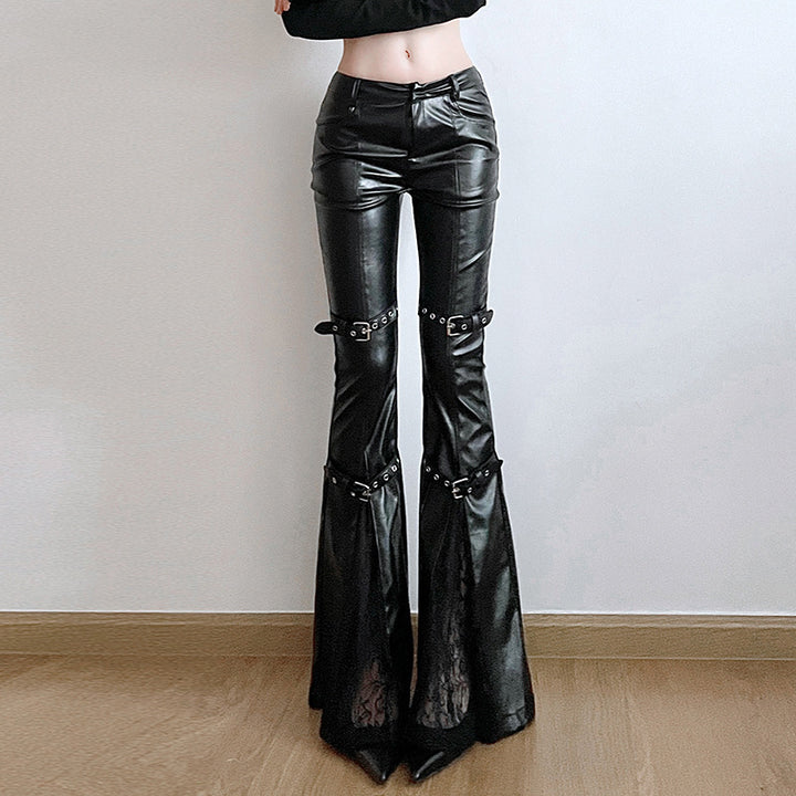 Damen Modische Kunstleder Flared Hose mit verstellbarem Bund Echo Archiv