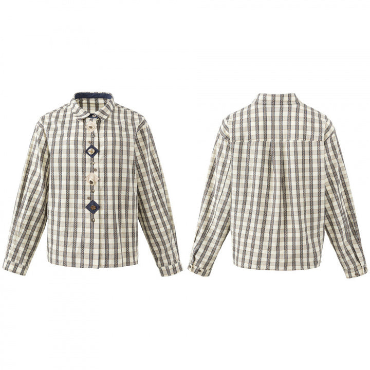 Damen Kastige Hemdjacke mit geometrischem Karomuster und dekorativer Knopfleiste Echo Archiv