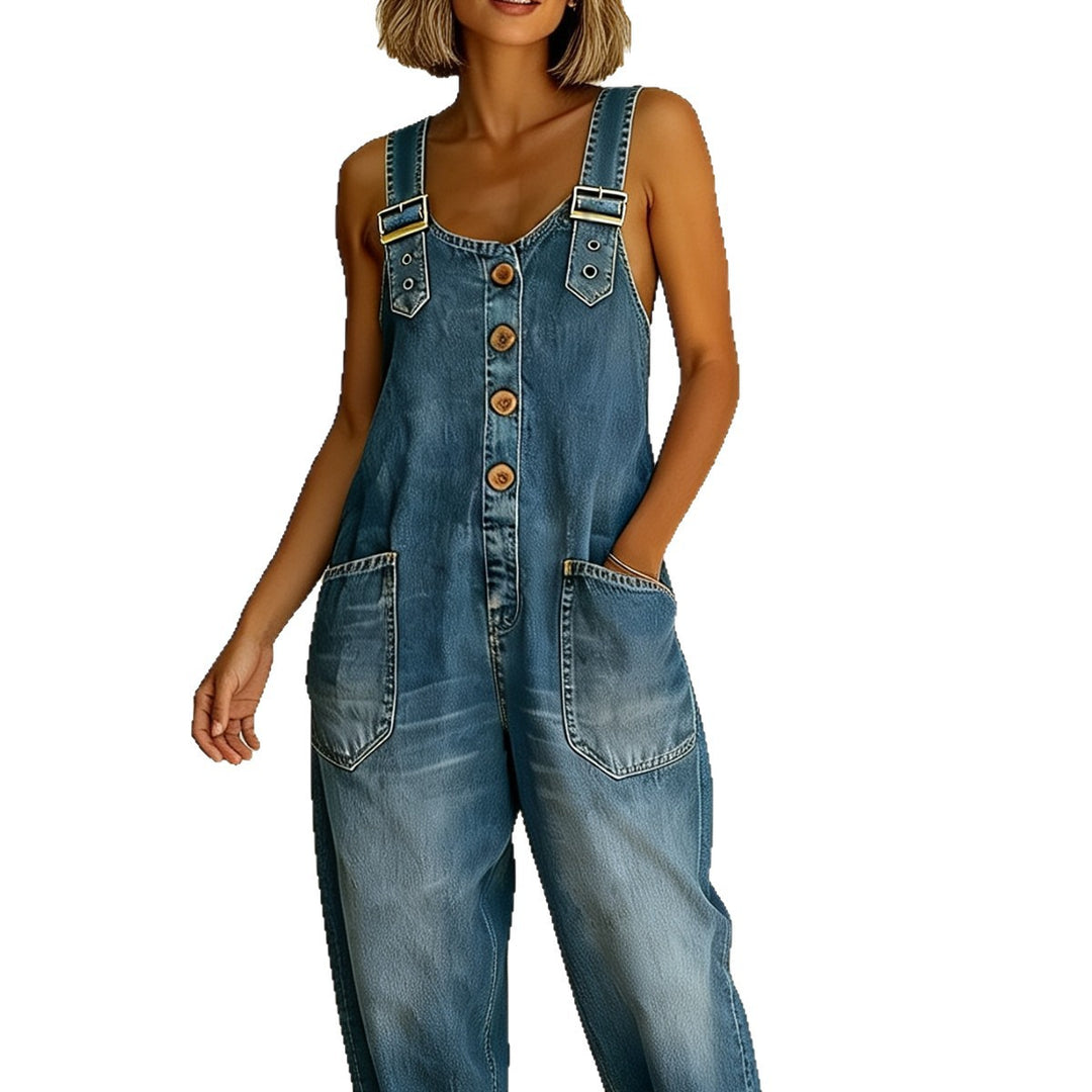 Damen Weite Denim-Latzhose mit Knopfleiste, verstellbaren Trägern und aufgesetzten Taschen Echoarchiv