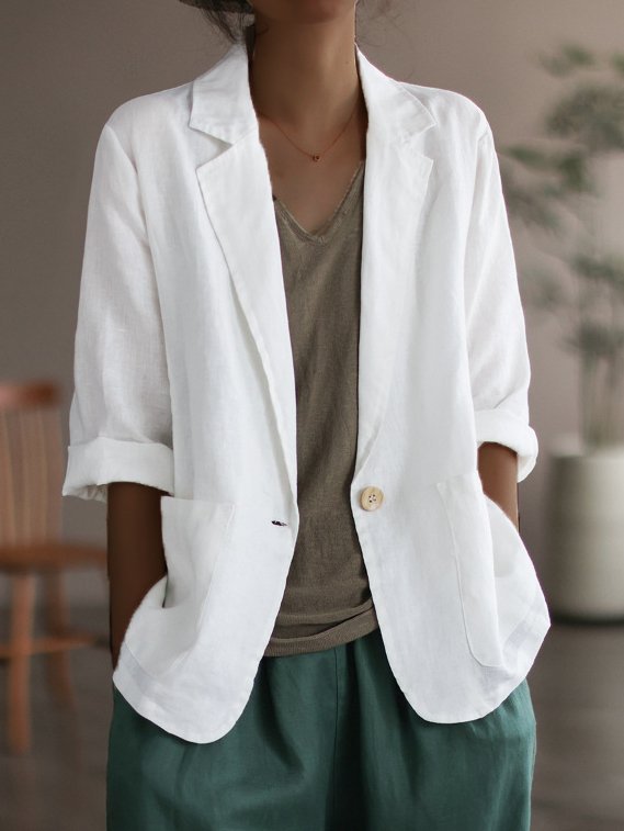 Damen Lässiger Leinenblazer mit breiten Ärmeln und Knopfverschluss – Célinea
