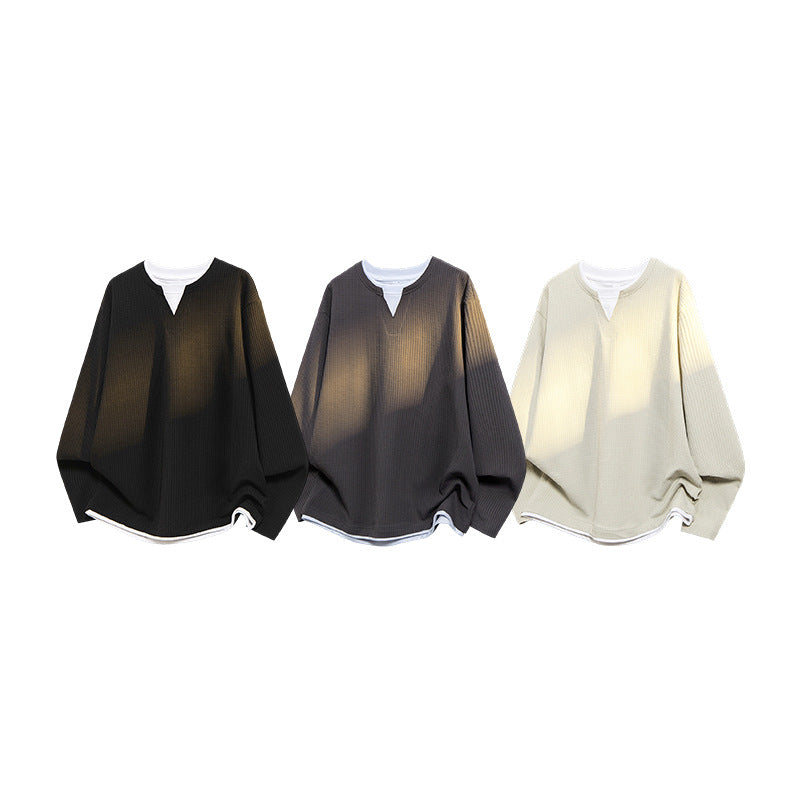 Herren Oversized Waffelstruktur-Sweatshirt mit V-Ausschnitt und Lagenoptik Echo Archiv