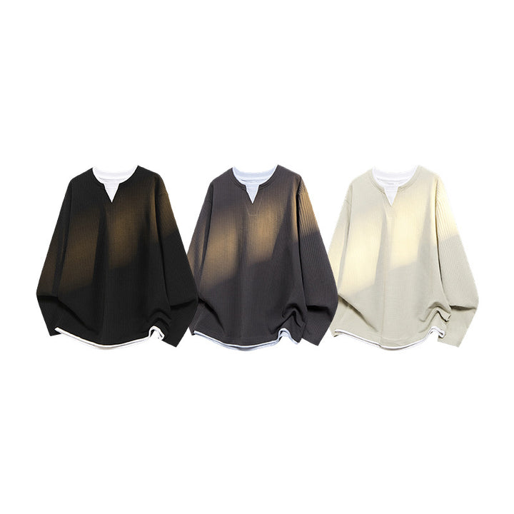 Herren Oversized Waffelstruktur-Sweatshirt mit V-Ausschnitt und Lagenoptik Echo Archiv