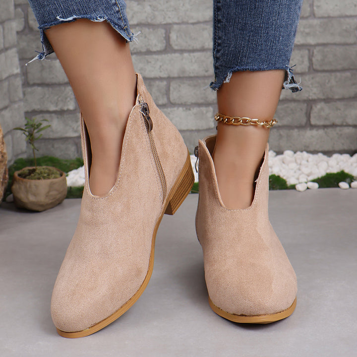Damen nan V‑Ausschnitt Ankleboots aus Veloursoptik mit seitlichem Reißverschluss und niedriger Holzblocksohle Echo Archiv