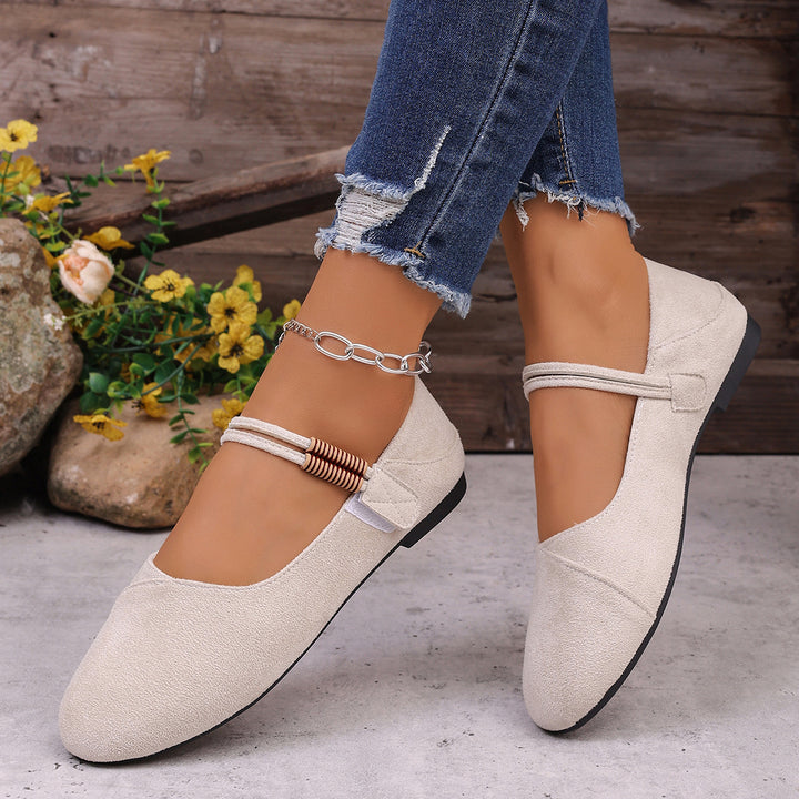 Damen flache Mary-Jane Ballerinas aus Veloursimitat mit elastischem Zierband und gepolsterter Komfortinnensohle – Lioré