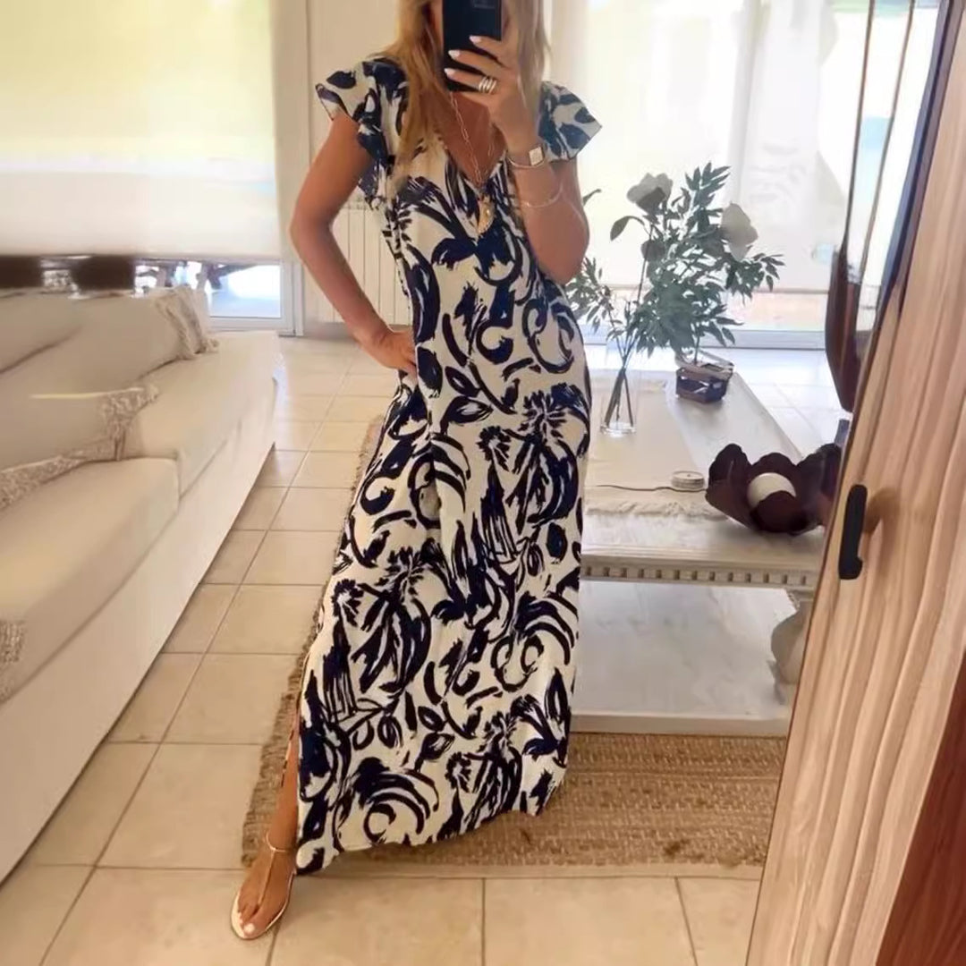 Damen nan fließendes Maxikleid mit V-Ausschnitt, Flügelärmeln und seitlichem Beinschlitz Echo Archiv