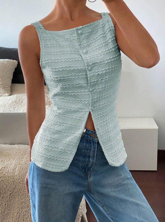 Damen Ärmelloses Struktur-Top mit Zierknopfleiste und Vorder‑Schlitz Echo Archiv