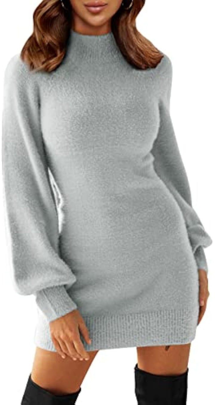 Damen Tailliertes Teddy-Strick-Minikleid mit Stehkragen und Ballonärmeln – Élara
