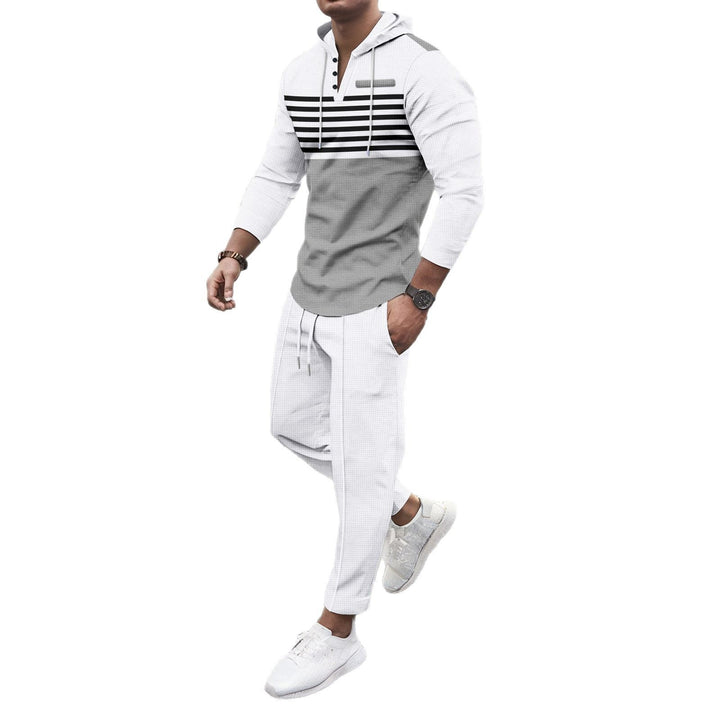 Herren nan Henley-Kapuzen-Lounge-Set mit Streifenpasse, Halbknopfleiste und konischer Jogginghose Echo Archiv