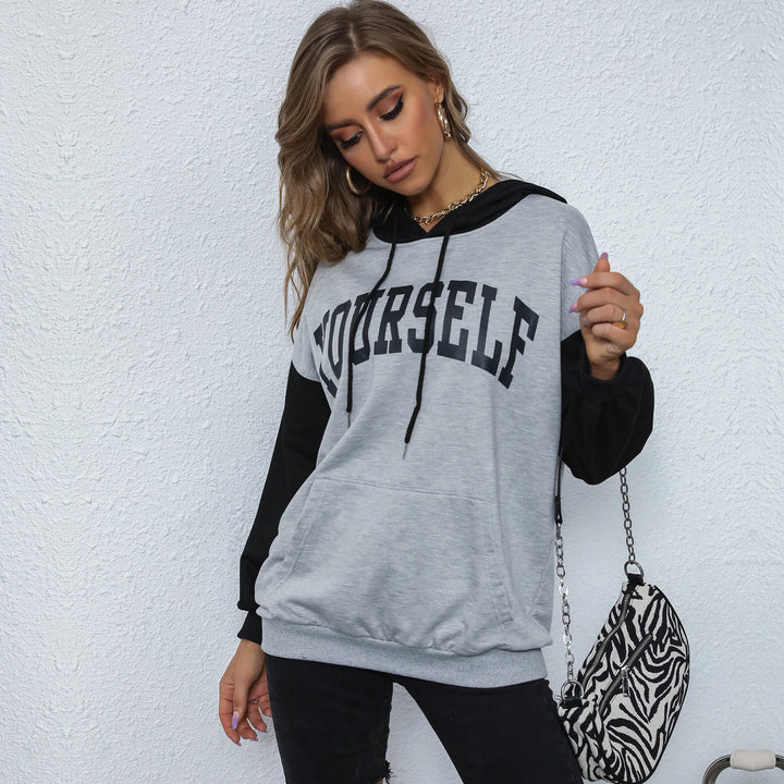 Damen Oversize-Kapuzenpullover mit College-Print, Kängurutasche und Kontrastärmeln Echoarchiv