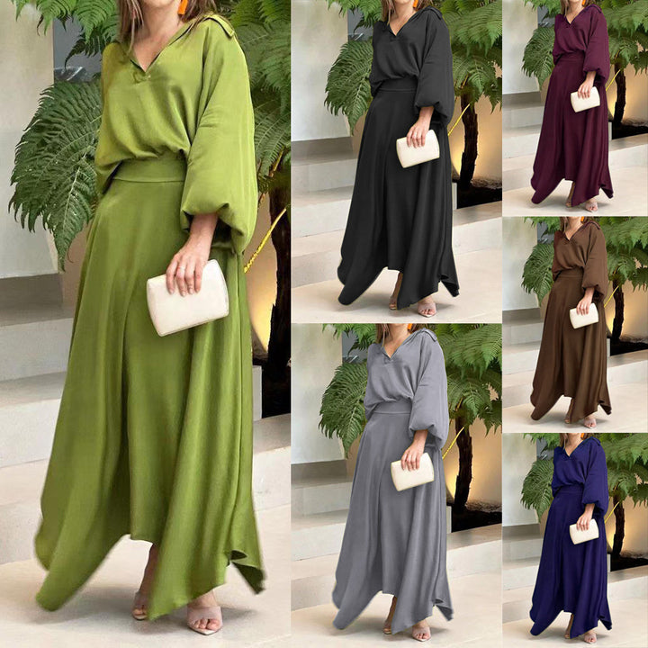 Damen Elegantes Maxikleid mit Kapuzen‑V‑Ausschnitt, Ballonärmeln und fließendem Saum Echoarchiv