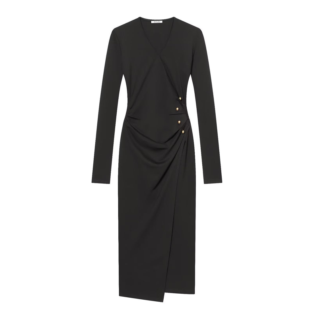 Damen Wickelkleid mit Drapierung, seitlicher Zierknopfleiste und V-Ausschnitt Echoarchiv