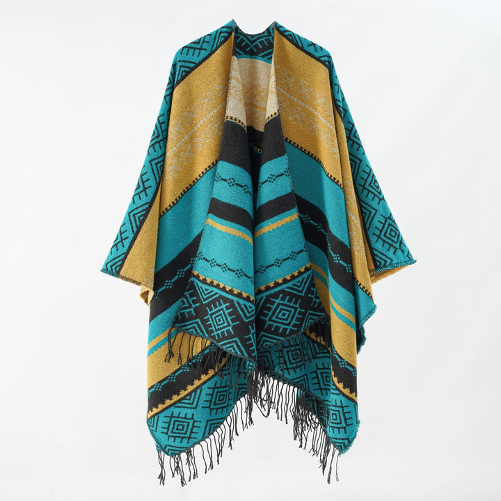 Damen Woven Jacquard-Poncho mit geometrischem Ethno-Muster und Fransensaum Echo Archiv