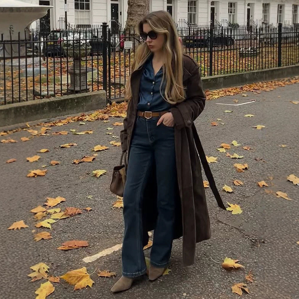 Damen Langschnitt Wildleder-Trenchcoat mit Oversize-Kragen und Bindegürtel Echoarchiv