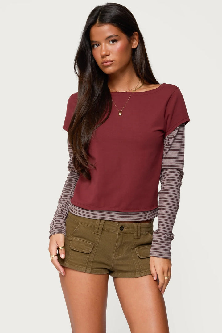 Damen modisches Langarmshirt mit einzigartigen Streifen und kurzem Schnitt Echo Archiv