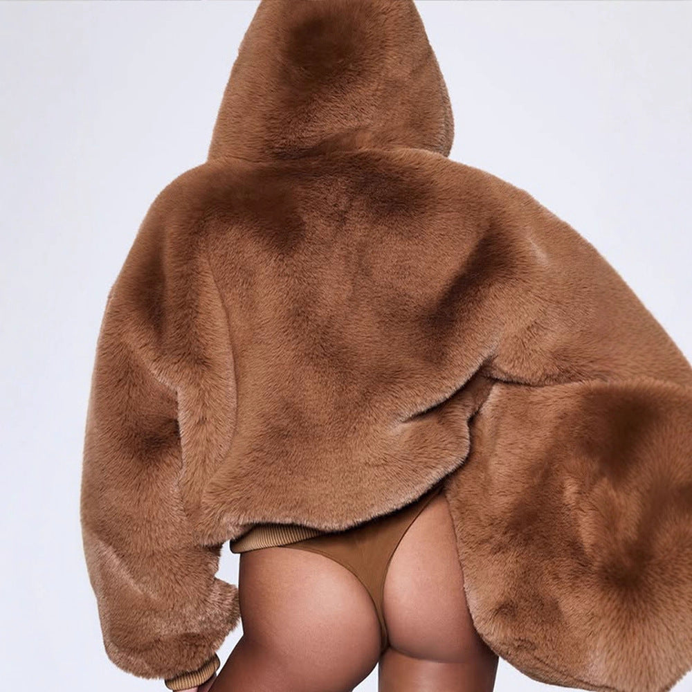Damen Kurze Teddy-Fauxfur-Bomberjacke mit Kapuze, breitem Rippsaum und Zweiwege-Reißverschluss Echoarchiv