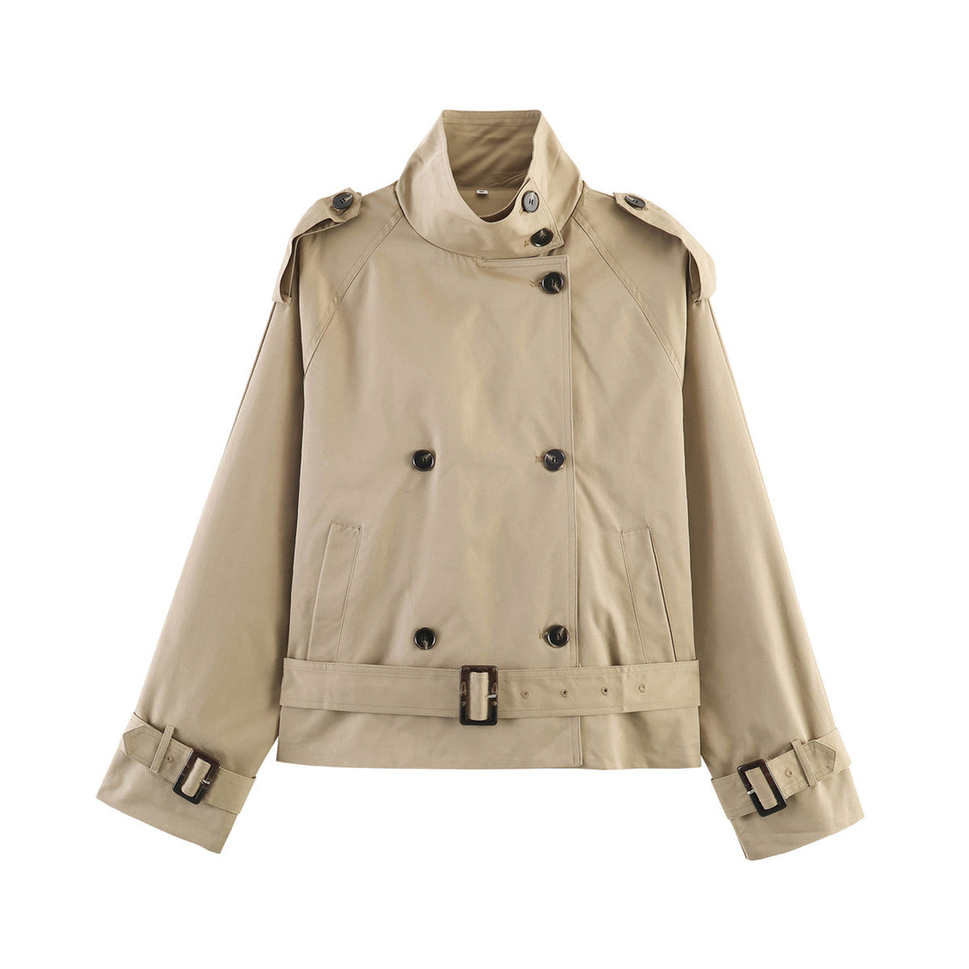 Damen 20+ kurzer Doppelreiher Trenchblouson im Boxy‑Cut mit Stehkragen Schulterklappen und verstellbarem Taillengürtel Echo Archiv