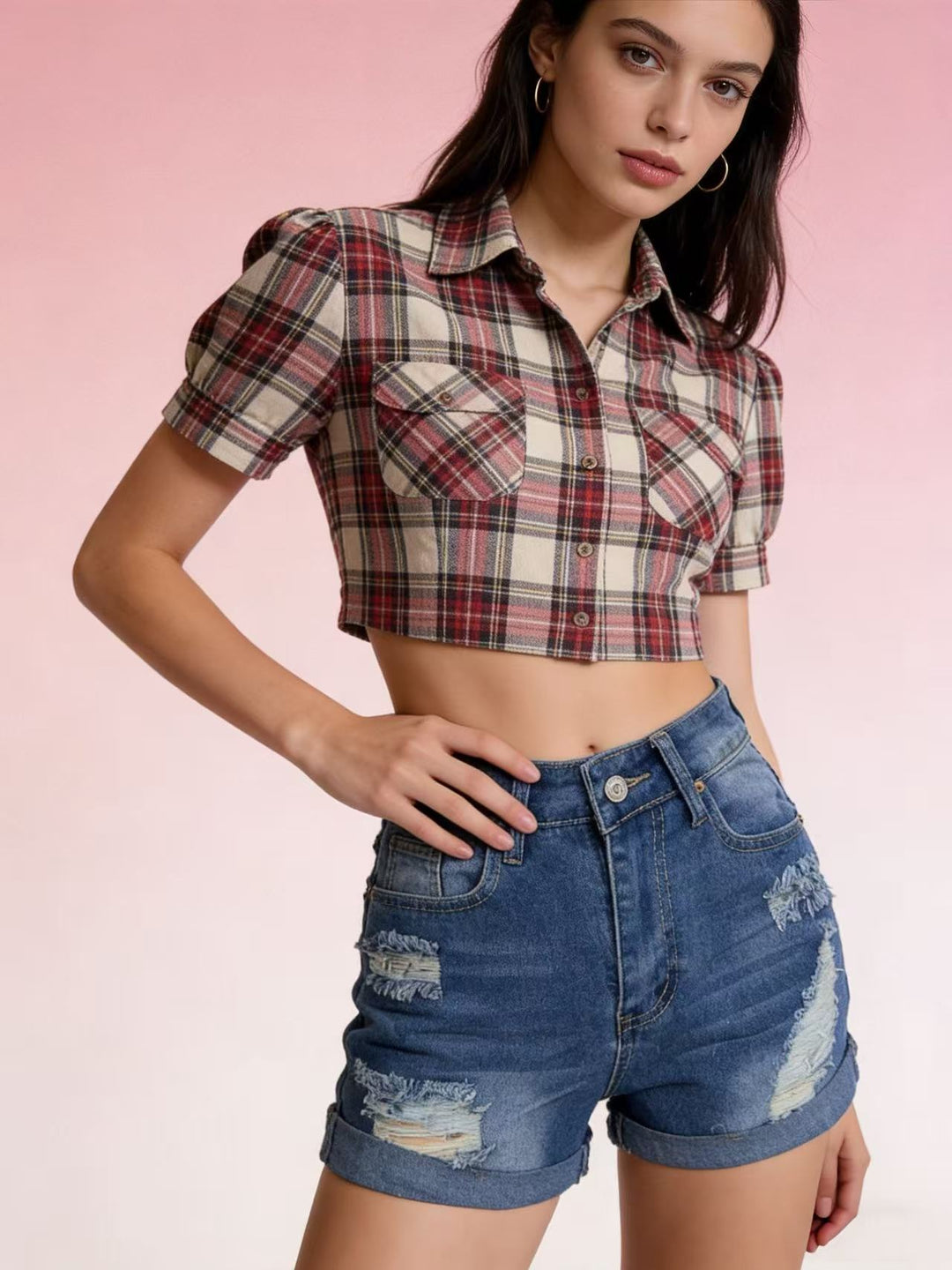 Damen Crop-Hemd im klassischen Karomuster mit Puffärmeln Echo Archiv